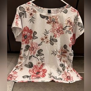 White and floral blouse from Shein- work wear! Tighter fitting.